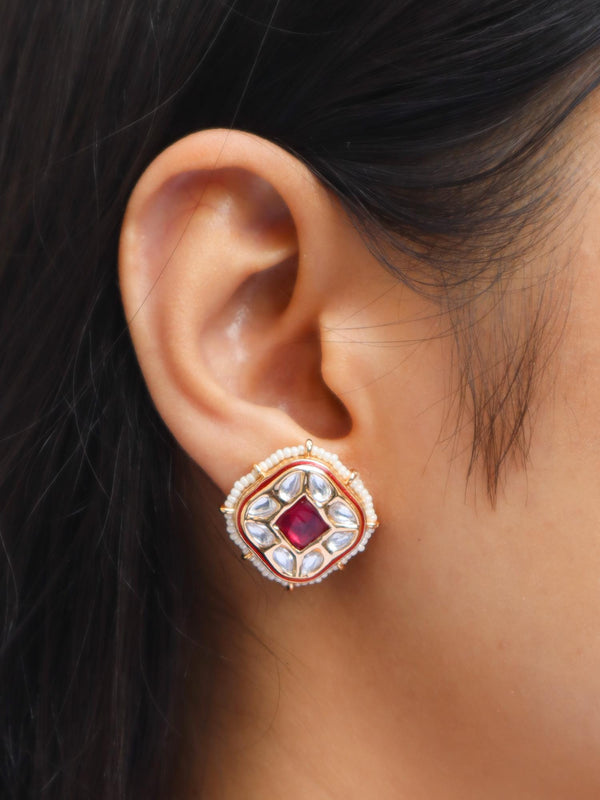 Girl wearing Tanisha Kundan Polki Red Stud Earrings by Live Some India