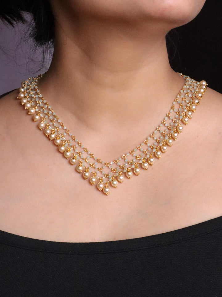 Girl wearing Three Line Mint Green Beaded Handmade Necklace with Pearl Drops by Live Some India