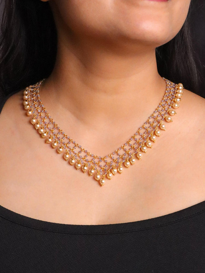 Girl wearing Three Line Misty Blue  Beaded Handmade Necklace with Pearl Drops by Live Some India