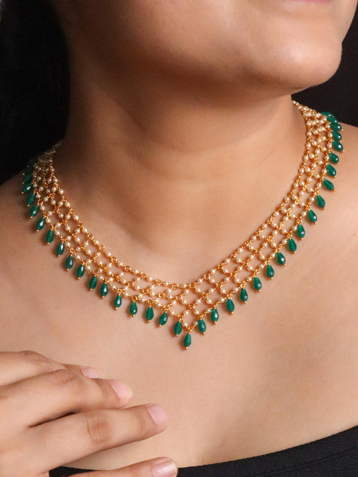 Neck image of a girl wearing Three Line Handmade Necklace with Emerald Beads by Live Some India 