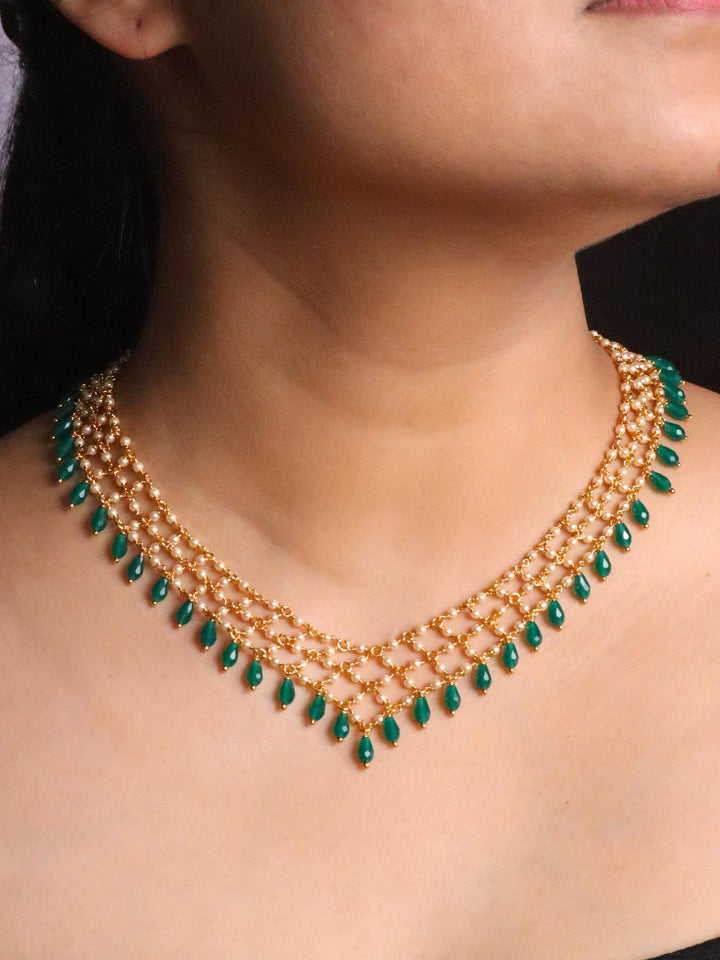 Girl wearing Three Line Handmade Necklace with Emerald Beads by Live Some India