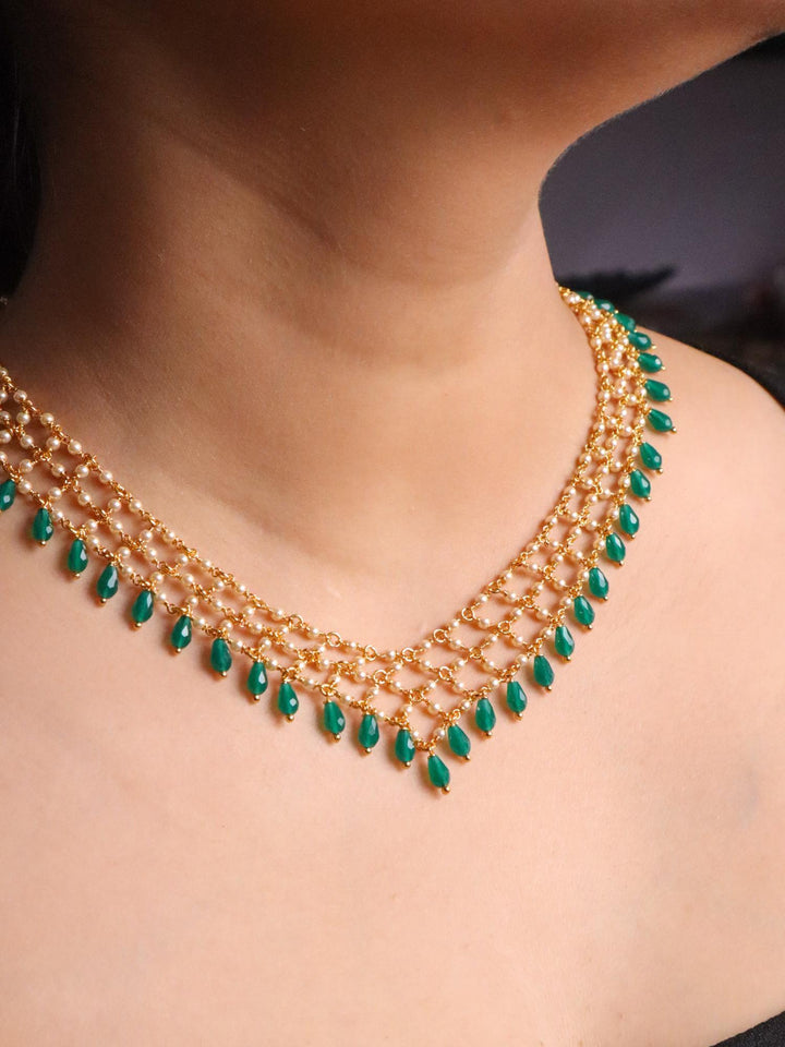 Girl wearing Three Line Handmade Necklace with Emerald Beadsby Live Some India