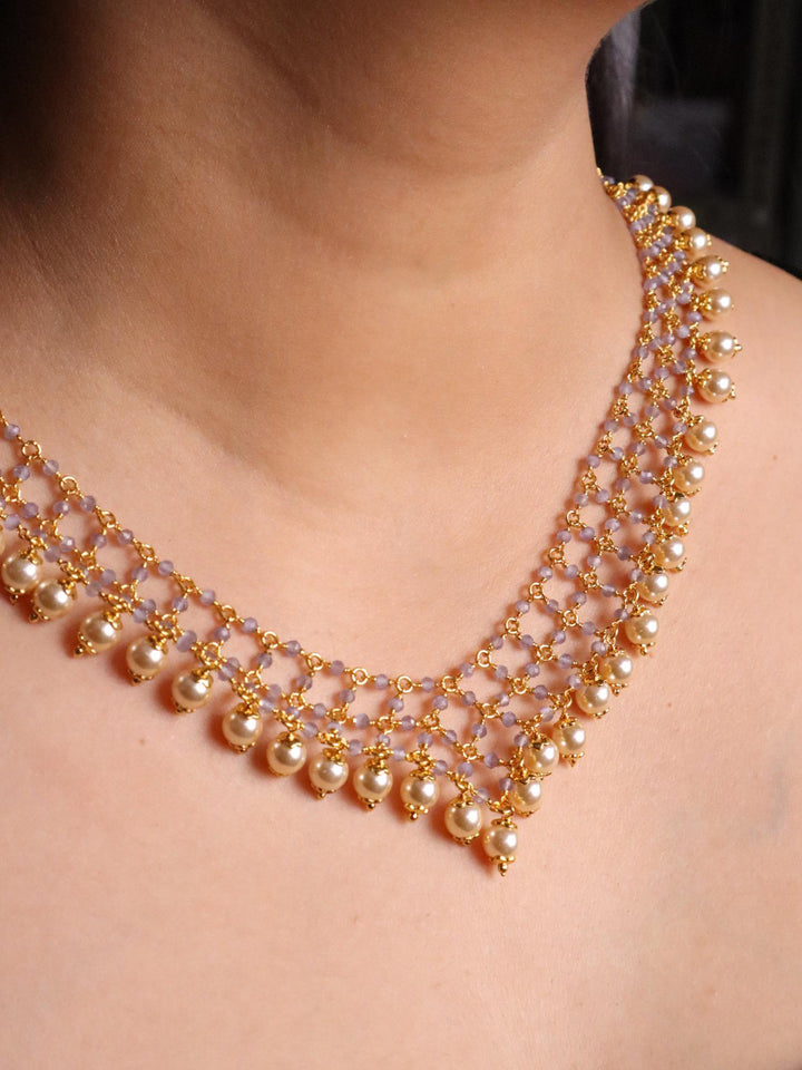 Close of image of girl wearing Three Line Beaded Handmade Necklace with Pearl Drops by live some india