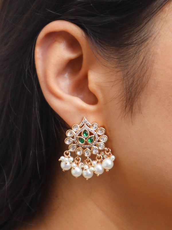 Girl wearing Tia Pearl Drop Kundan Polki Green Earrings by Live Some 