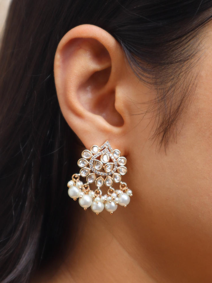 Girl wearing Tia Pearl Drop Kundan Polki White Earrings by Live Some India