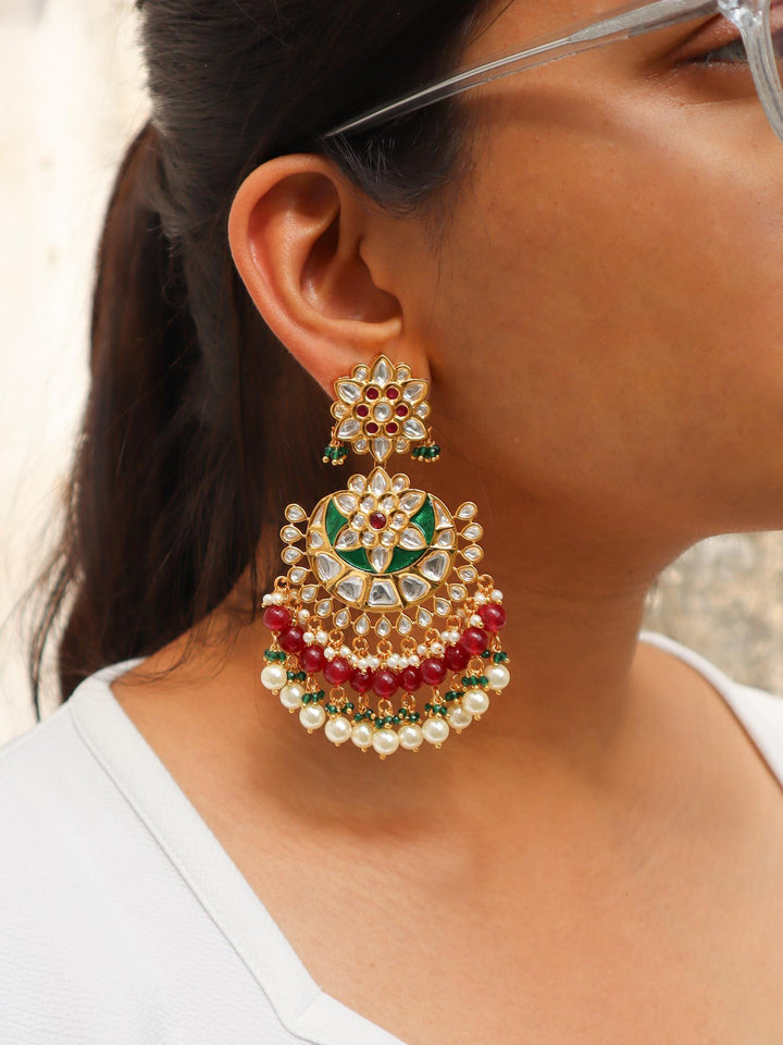 A closeup image of a girl wearing Trendy Red Kundan Polki Chandbali Earrings -2 by Live Some India 