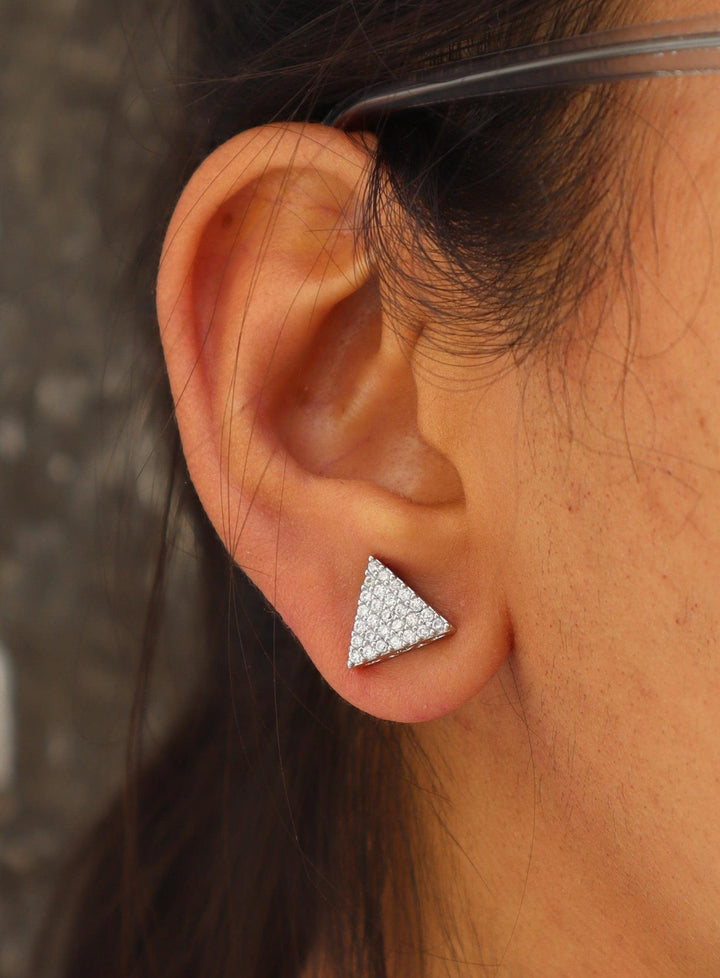 A closeup image of a girl wearing Triangular Everyday Earrings by Live Some India 