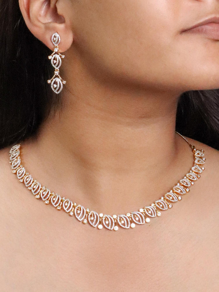 A closeup image of a girl wearing Triva Diamond Necklace Set by Live Some India 