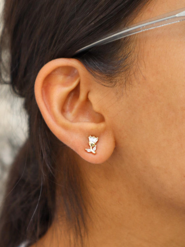 A closeup image of a girl wearing Tulip Earrings -1 by Live Some India 