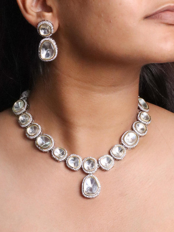 A closeup image of a girl wearing Uncut Kundan Polki Necklace Set -4 by Live Some India 