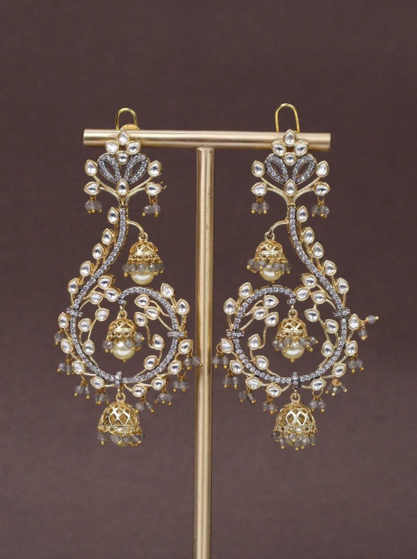 A closeup image of Unicorn Grey Kundan Poki Dangler Earrings -1 by Live Some India on a brown background 