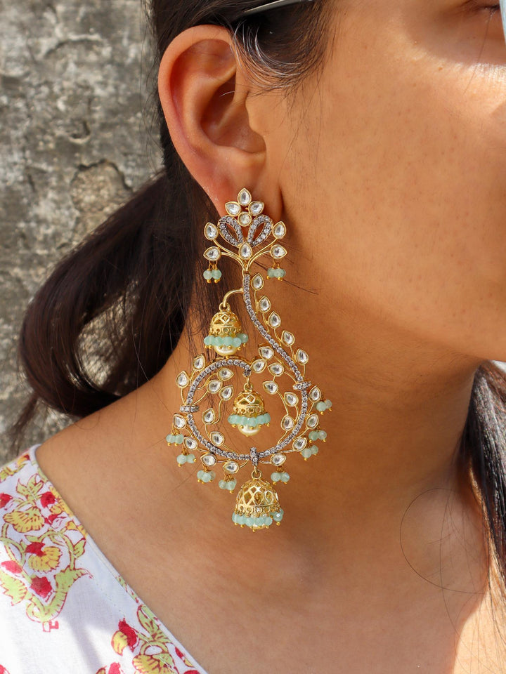 A closeup image of Unicorn Mint Green Kundan Poki Dangler Earrings by Live Some India 