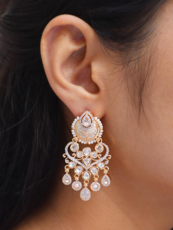 Girl wearing Vira Kundan Polki & Meenakari Dangle Wedding Earrings by Live Some India