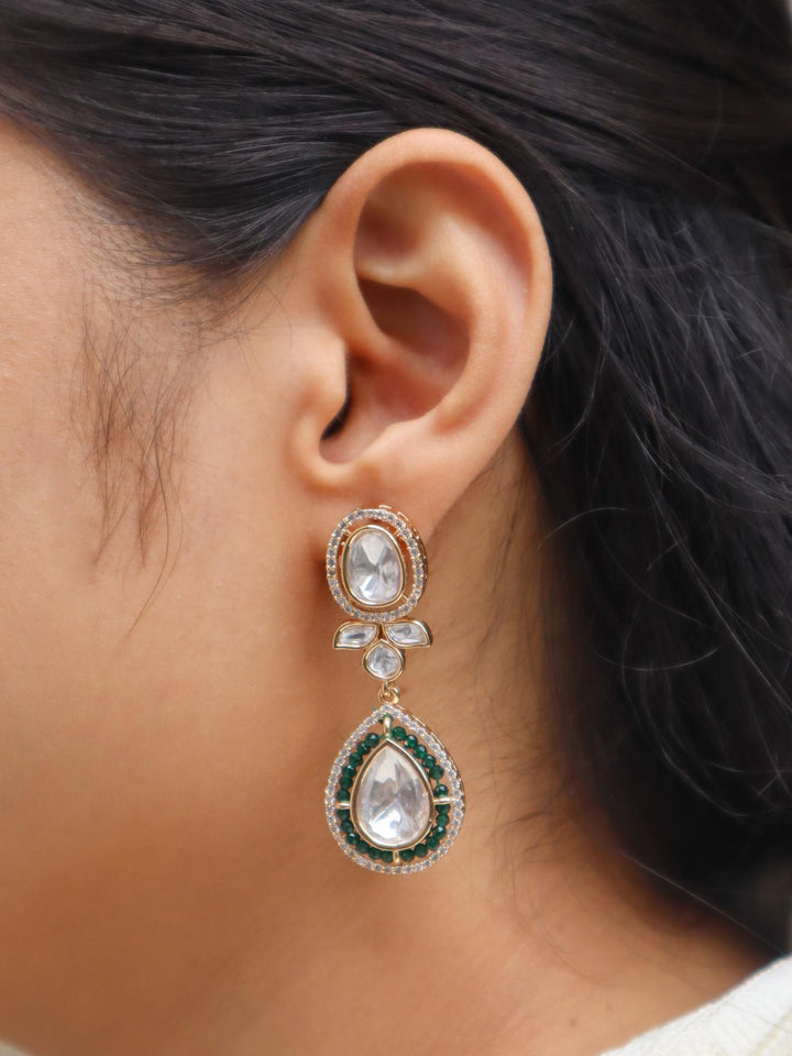 Women wearing Zavi Kundan Polki Dangle Earrings by Live Some India 