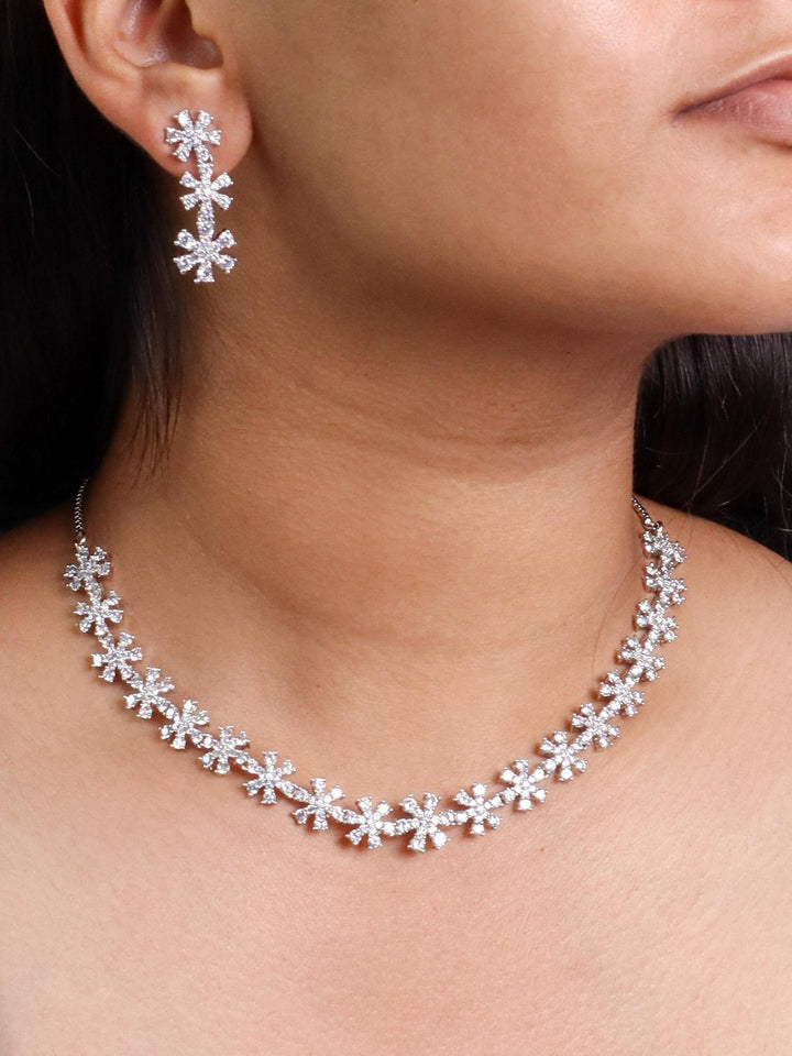 Aaliyah Floral Diamond Necklace Set - by Live Some India in just A closeup image of a girl wearing Aaliyah Floral Diamond Necklace Set - 3 by Live Some India