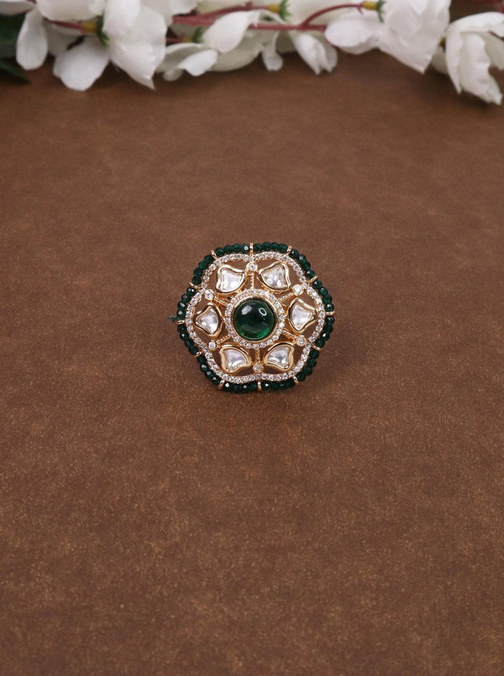 Adah Beaded Kundan Polki Ring - by Live Some India in just A closeup image of Adah Green Beaded Kundan Polki Ring by Live Some India on a brown background