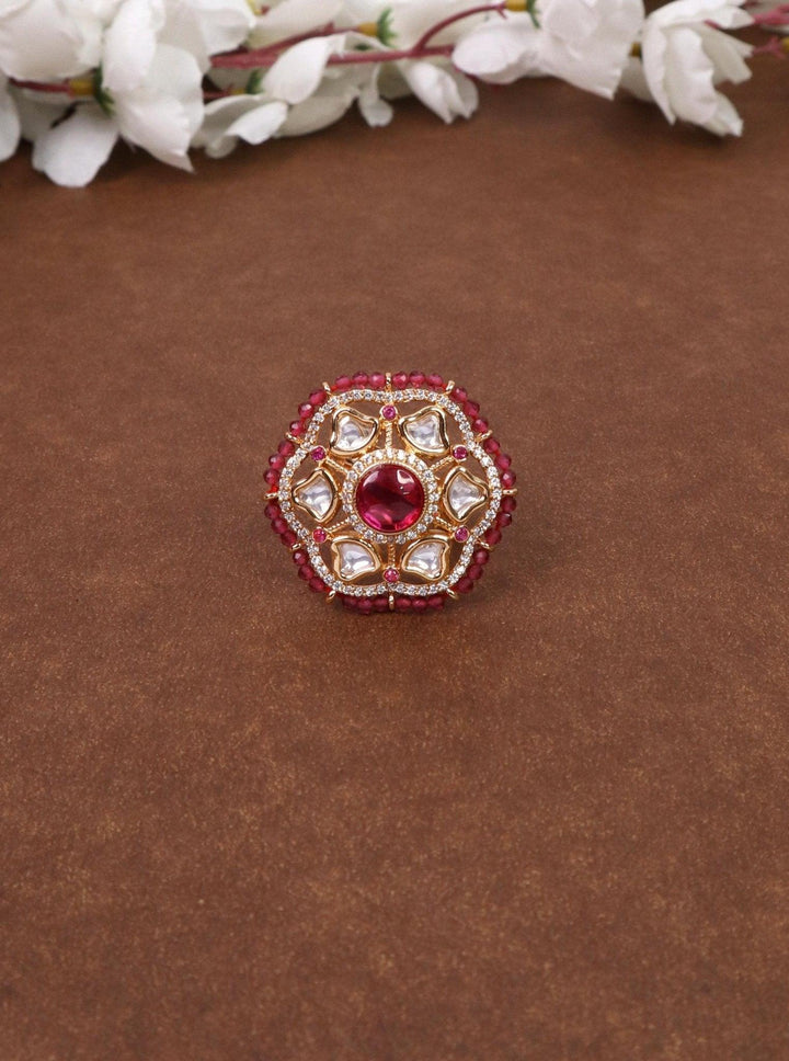 Adah Beaded Kundan Polki Ring - by Live Some India in just A closeup image of Adah Red Beaded Kundan Polki Ring -1 by Live Some India on a brown background