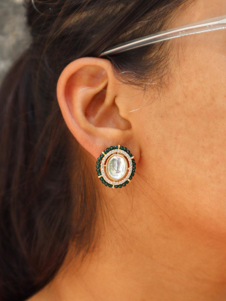 Adina Kundan Polki Stud Earrings - by Live Some India in just A closeup image of a girl wearing Adina Kundan Polki Stud Earrings by Live Some India