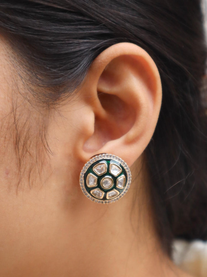 Alia Green Menakari Stud Earrings - by Live Some India in just Girl wearing Alia Green Menakari Stud Earrings by Live Some India