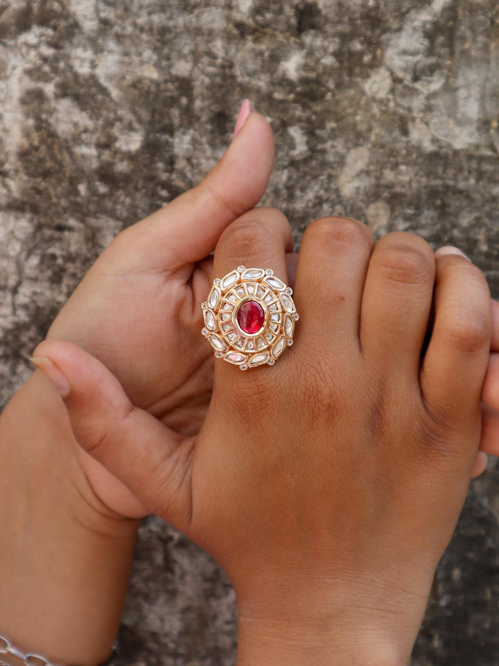 Alia Kundan Polki Ring - by Live Some India in just Alia Kundan Polki Ring - by Live Some India in just A closeup image of a girl wearing Alia Kundan Polki Ring by Live Some India