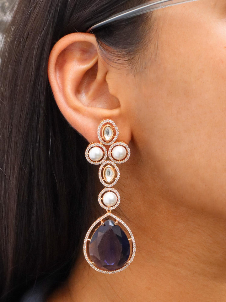 Alice Diamond Dangle Earrings with Pearls - by Live Some India in just A closeup image of a girl wearing Alice Diamond Earrings - 1 by Live Some India