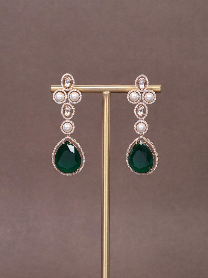 Alice Diamond Dangle Earrings with Pearls - by Live Some India in just A closeup image of Alice Green Diamond Earrings - 1 by Live Some India