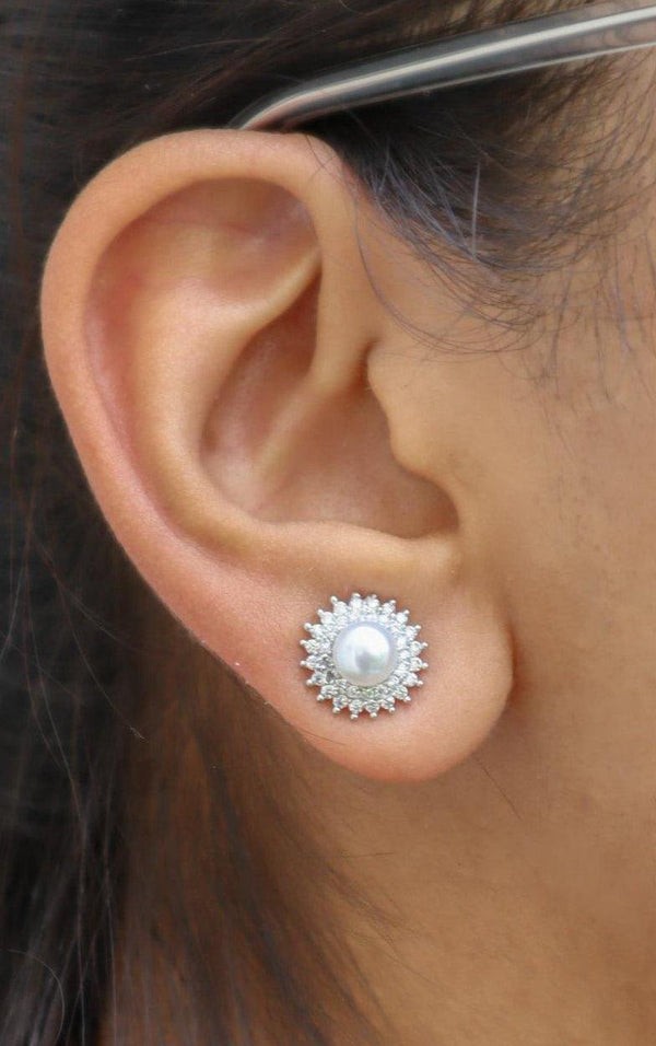 Alluring Pearl Earrings - by Live Some India in just A closeup image of a girl wearing Alluring Pearl Earrings by Live Some India