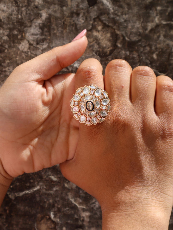 Amayra Meenakari Kundan Polki Ring - by Live Some India in just A closeup image of a girl wearing Amayra Kundan Polki Ring by Live Some India