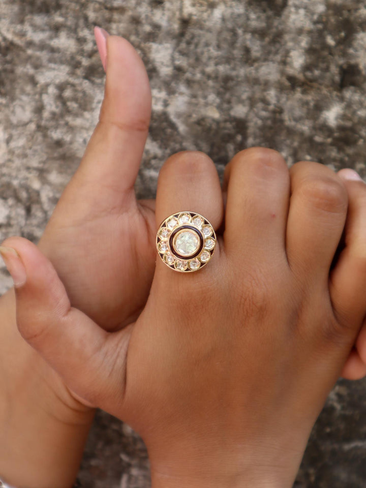 Amina Meenakari Kundan Polki Ring - by Live Some India in just Amina Meenakari Kundan Polki Ring - by Live Some India in just A closeup image of a girl wearing Amina Kundan Polki Ring by Live Some India