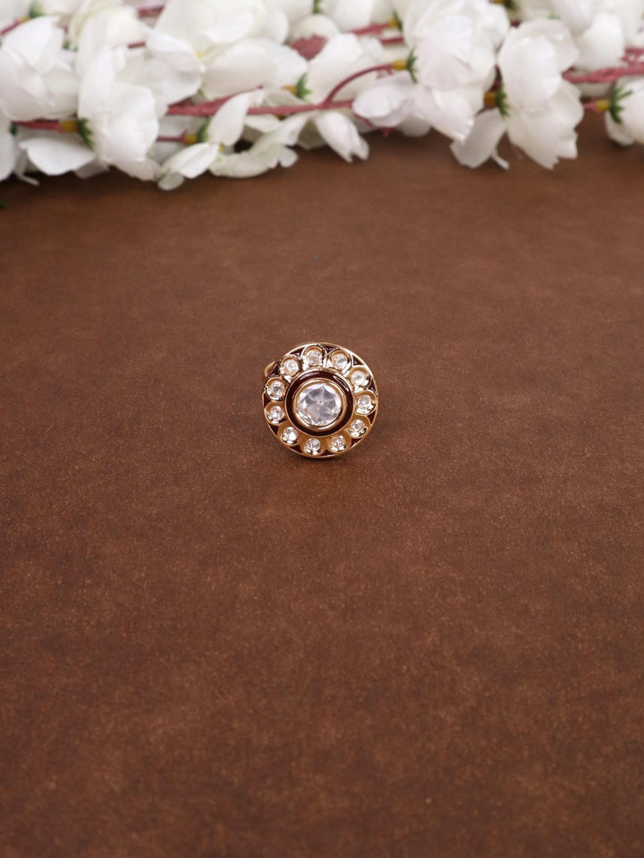 Amina Meenakari Kundan Polki Ring - by Live Some India in just A closeup image of Amina Meenakari Kundan Polki Brown Ring - 1 by Live Some India on a brown background