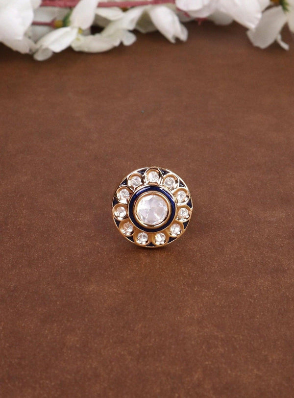 Amina Meenakari Kundan Polki Ring - by Live Some India in just A closeup image of Amina Meenakari Kundan Polki Blue Ring by Live Some India on a brown background