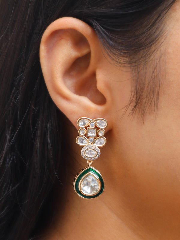 Anika Kundan Polki Dangle Earrings with Meenakari - by Live Some India in just Indian Model wearing Anika Kundan Polki Dangle Earrings with Meenakari by Live Some India