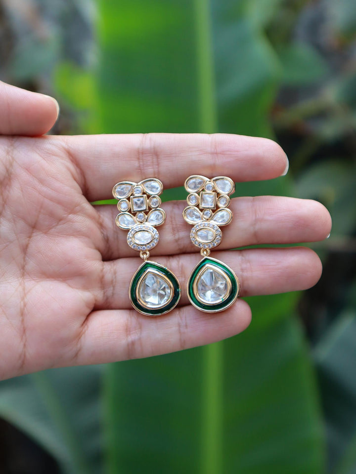 Anika Kundan Polki Dangle Earrings with Meenakari - by Live Some India in just Anika Kundan Polki Dangle Earrings with Meenakari by Live Some India on hands