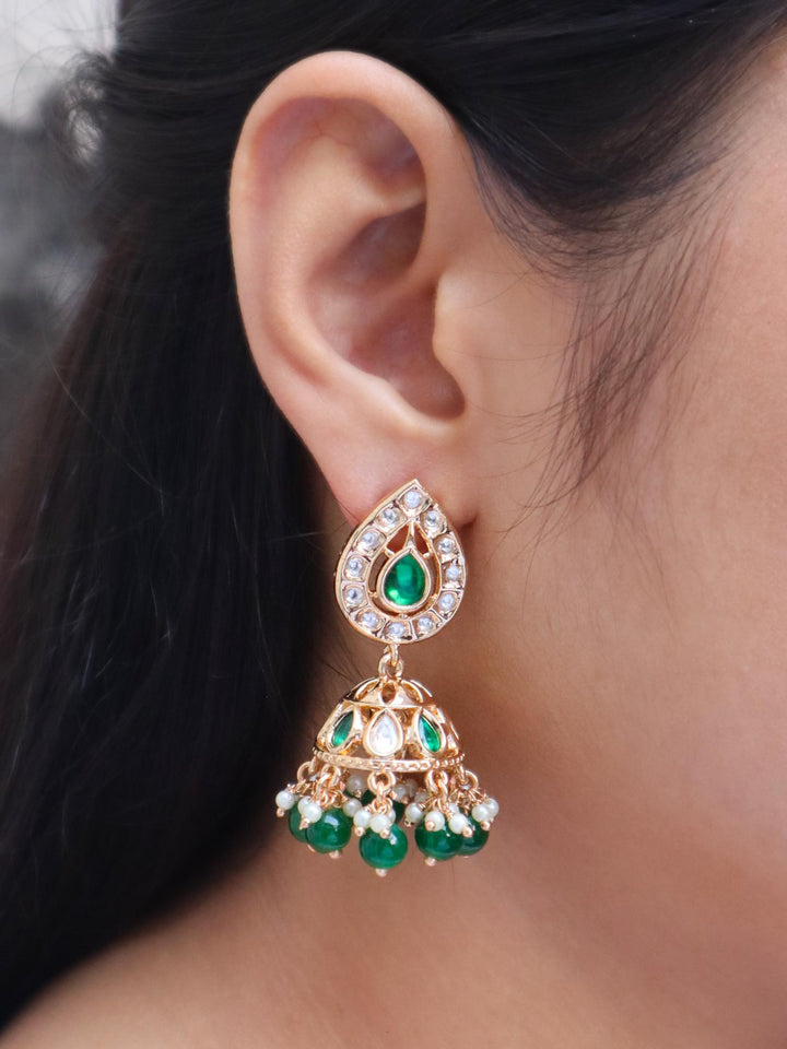 Anika Small Kundan Polki Jhumka Earrings - by Live Some India in just Girl wearing Anika Small Kundan Polki Jhumka Earrings by Live Some India