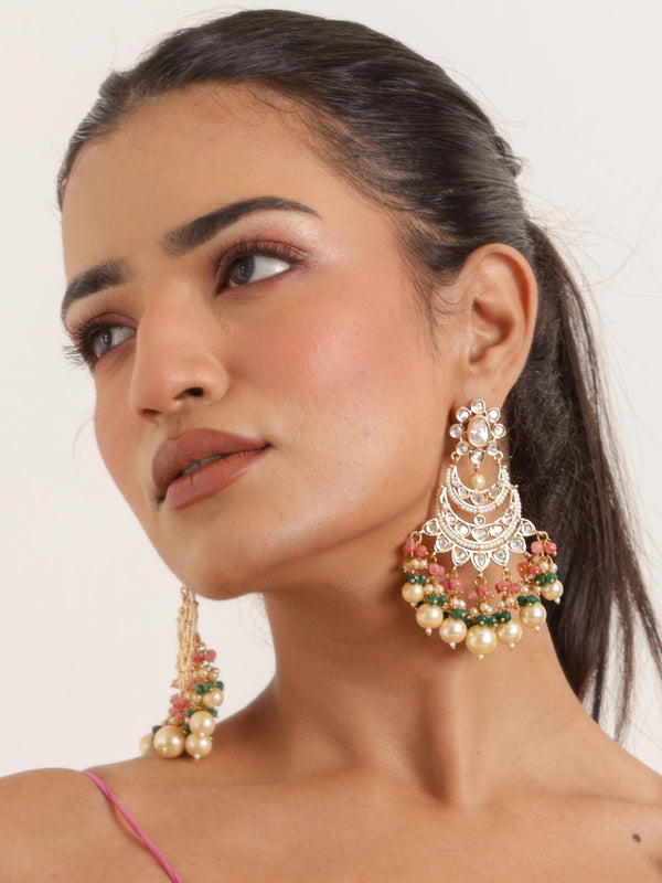 Anvika Kundan Polki Chandbali Dangle Earrings - by Live Some India in just Model wearing Anvika Kundan Polki Chandbali Dangle Earrings by Live Some India