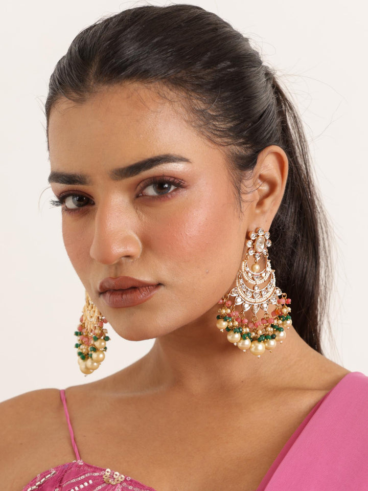 Anvika Kundan Polki Chandbali Dangle Earrings - by Live Some India in just Model wearing Anvika Kundan Polki Chandbali Dangle Earrings by Live Some India