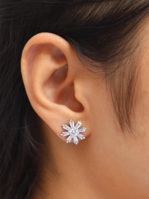 Baguette Diamond Flower Earrings - by Live Some India in just Girl wearing Baguette Diamond Flower Earrings by Live Some India