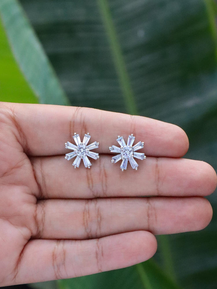 Baguette Diamond Flower Earrings - by Live Some India in just Baguette Diamond Flower Earrings by Live Some India on hands