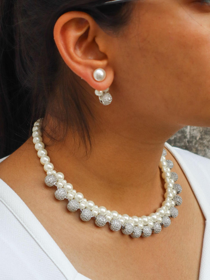 Beaded White Pearl Necklace Set - by Live Some India in just A closeup image of a girl wearing Beaded White Pearl Necklace Set by Live Some India