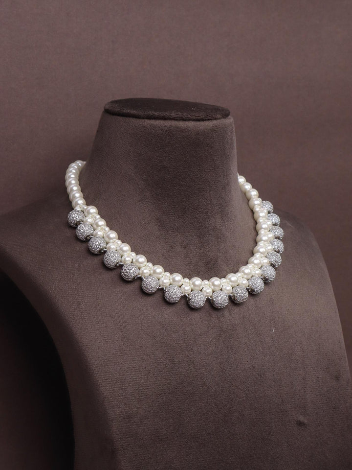 Beaded White Pearl Necklace Set - by Live Some India in just A closeup image of Beaded White Pearl Necklace Set - 5 by Live Some India on a brown dummy