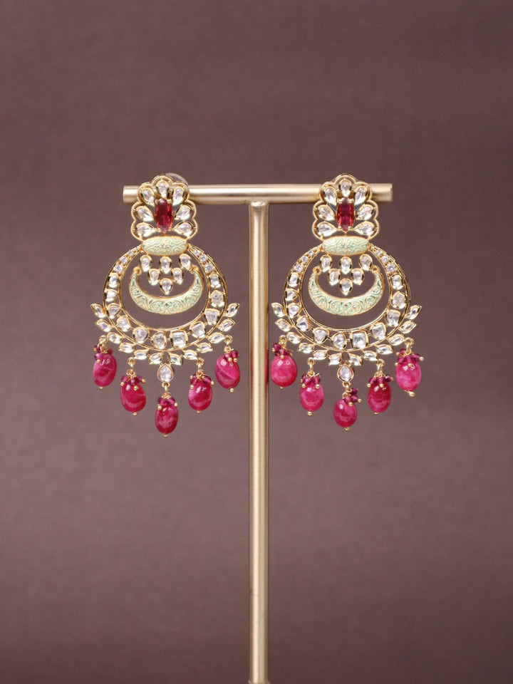 Beautiful Kundan Polki Chandbali Earrings - by Live Some India in just Beautiful Kundan Polki Chandbali Earrings - by Live Some India in just A closeup image of Beautiful Kundan Polki Chandbali Earrings -3 by Live Some India