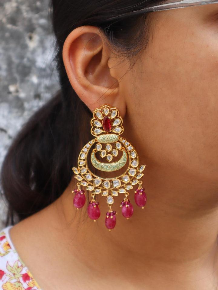 Beautiful Kundan Polki Chandbali Earrings - by Live Some India in just Beautiful Kundan Polki Chandbali Earrings - by Live Some India in just A closeup image of a girl wearing Beautiful Kundan Polki Chandbali Earrings -2 by Live Some India