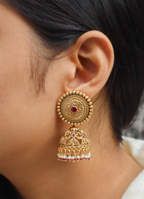 Bhanu Temple Jewellery Jhumka Earrings - by Live Some India in just Girl wearing Bhanu Temple Jewellery Jhumka Earrings by Live Some India