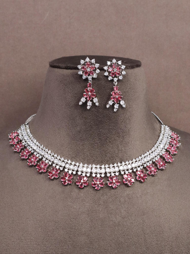 Blossom Pink Diamond Necklace Set - by Live Some India in just a closeup image of Blossom Pink Diamond Necklace Set - 2 by Live Some India on a brown dummy