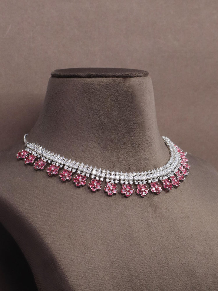 Blossom Pink Diamond Necklace Set - by Live Some India in just A closeup image of Blossom Pink Diamond Necklace Set - 1 by Live Some India on a brown dummy