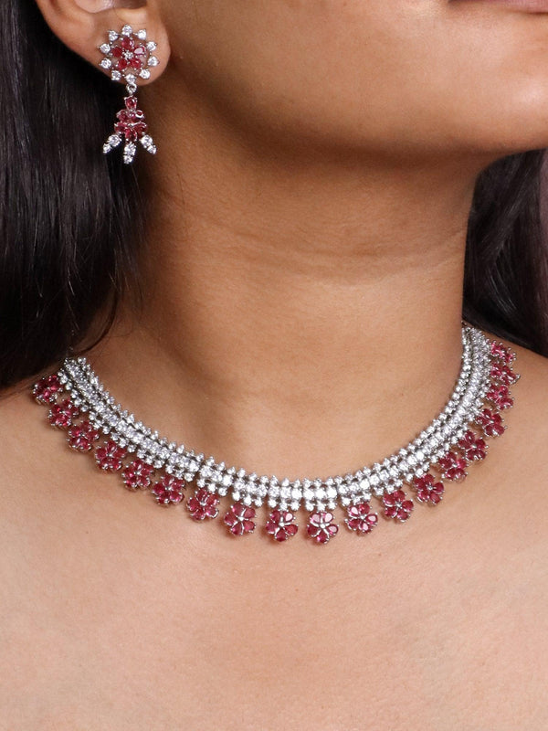 Blossom Pink Diamond Necklace Set - by Live Some India in just A closeup image of a girl wearing Blossom Pink Diamond Necklace Set by Live Some India