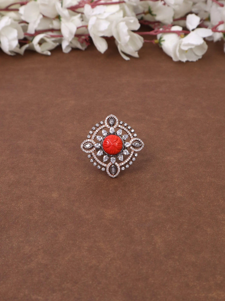 Blue Patterned Contemporary Ring - by Live Some India in just A closeup image of Boho red Patterned Contemporary Ring by Live Some India on a brown background