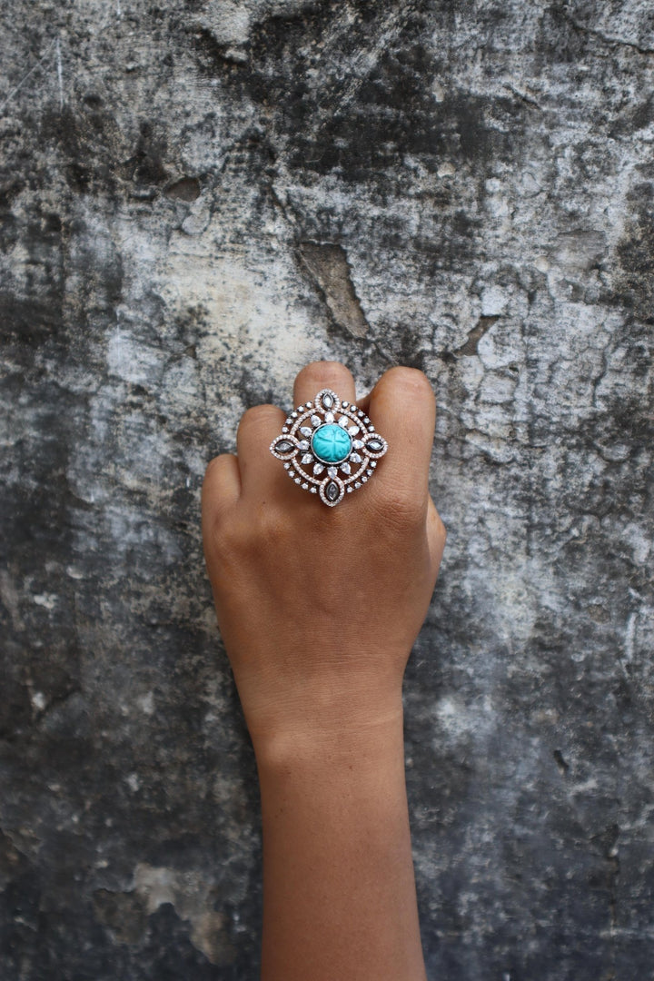 Blue Patterned Contemporary Ring - by Live Some India in just A closeup image of a girl wearing Blue Patterned Contemporary Ring - 3 by Live Some India