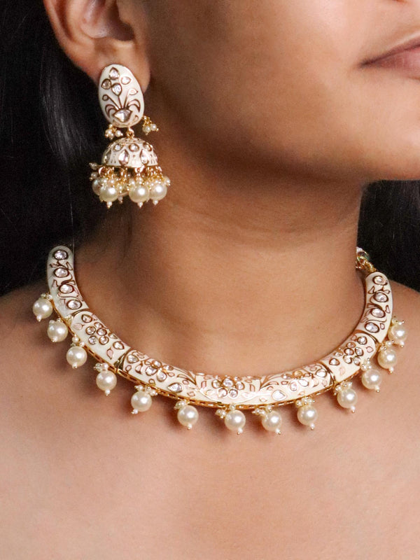 Carved Kundan Polki Necklace Set - by Live Some India in just A closeup image of a girl wearing Carved Kundan Polki Necklace Set - 1 by Live Some India