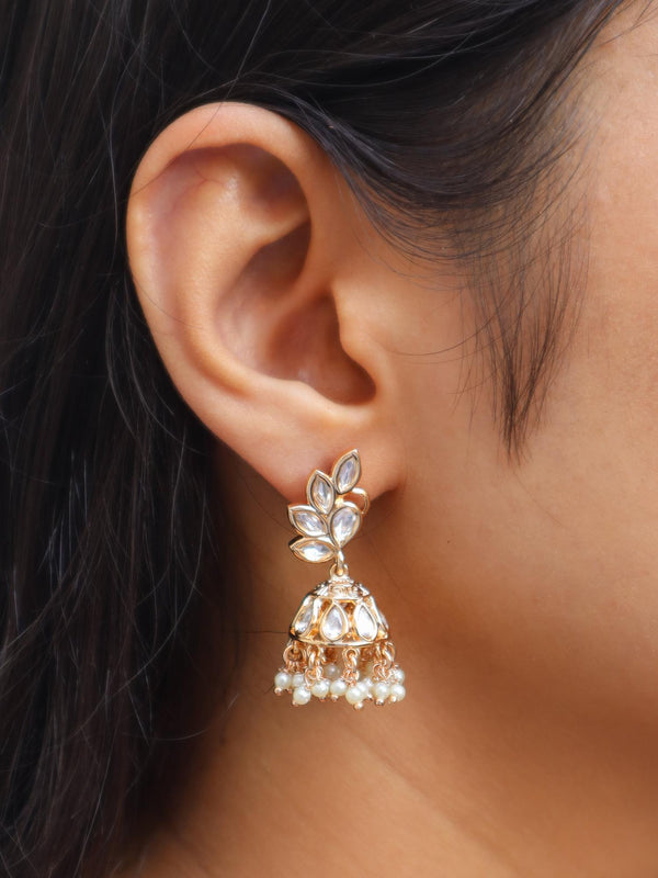 Chhavi Kundan Polki Jhumka Earrings - by Live Some India in just Girl wearing Chhavi Kundan Polki Jhumka Earrings by Live Some India